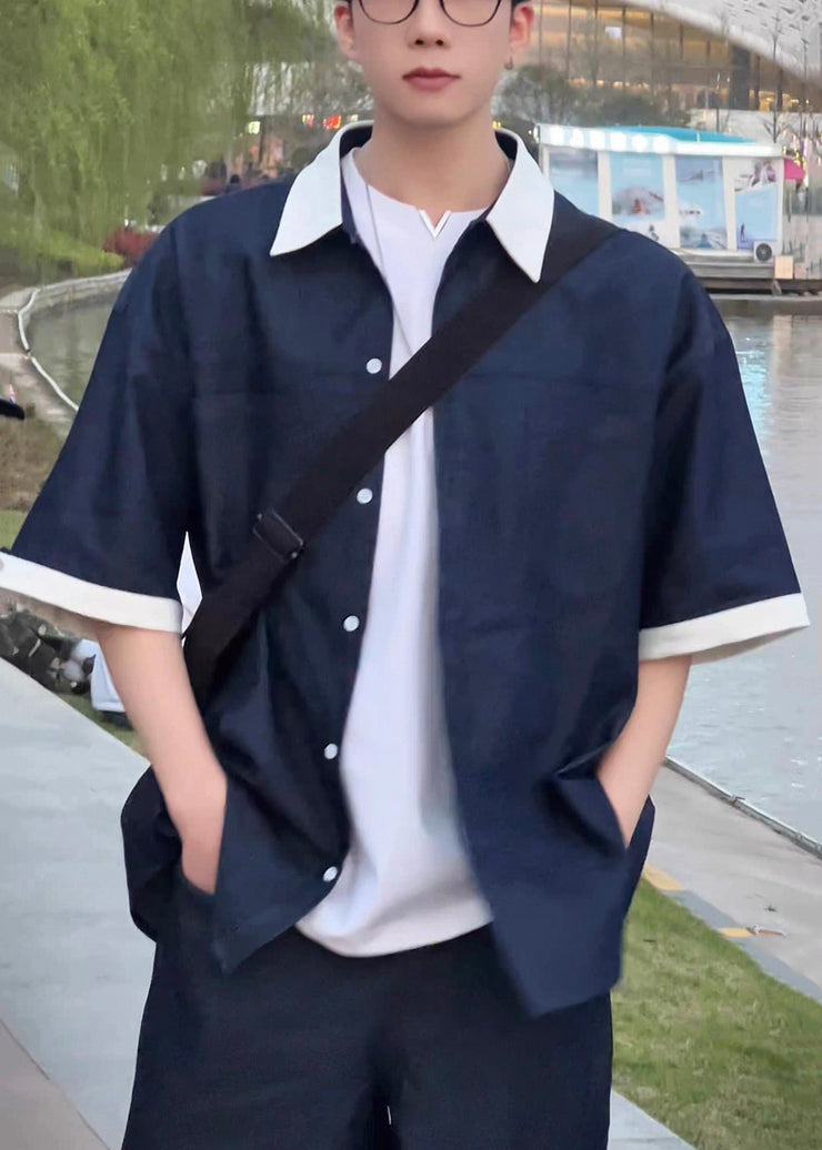 Loose Navy Peter Pan Collar Patchwork Denim Mens Shirts Summer