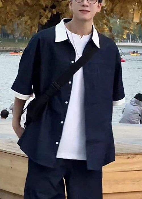 Loose Navy Peter Pan Collar Patchwork Denim Mens Shirts Summer