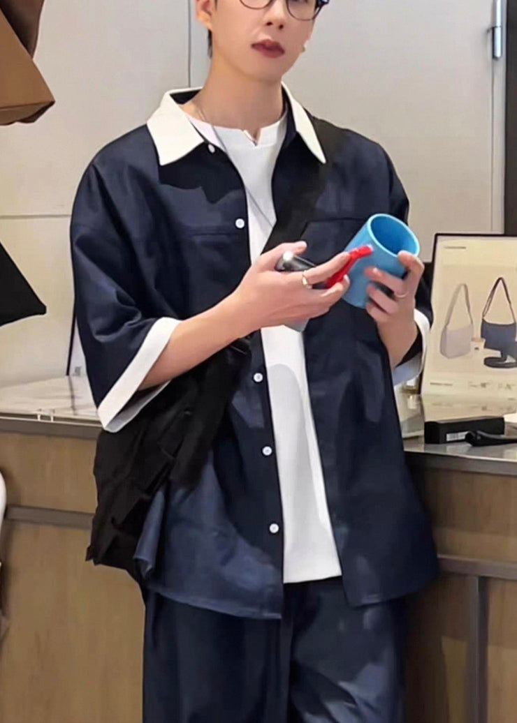 Loose Navy Peter Pan Collar Patchwork Denim Mens Shirts Summer