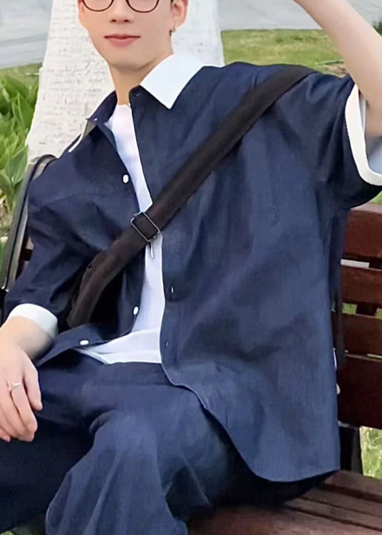 Loose Navy Peter Pan Collar Patchwork Denim Mens Shirts Summer