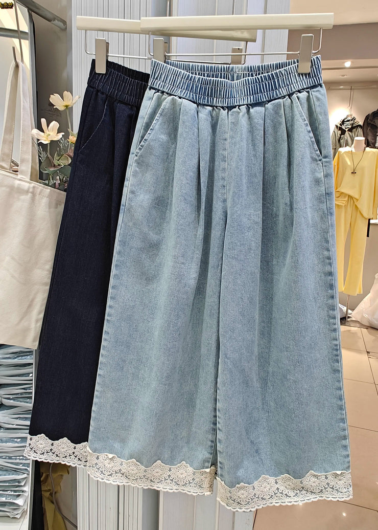 Loose Navy Pockets Lace Patchwork Denim Crop Pants Summer