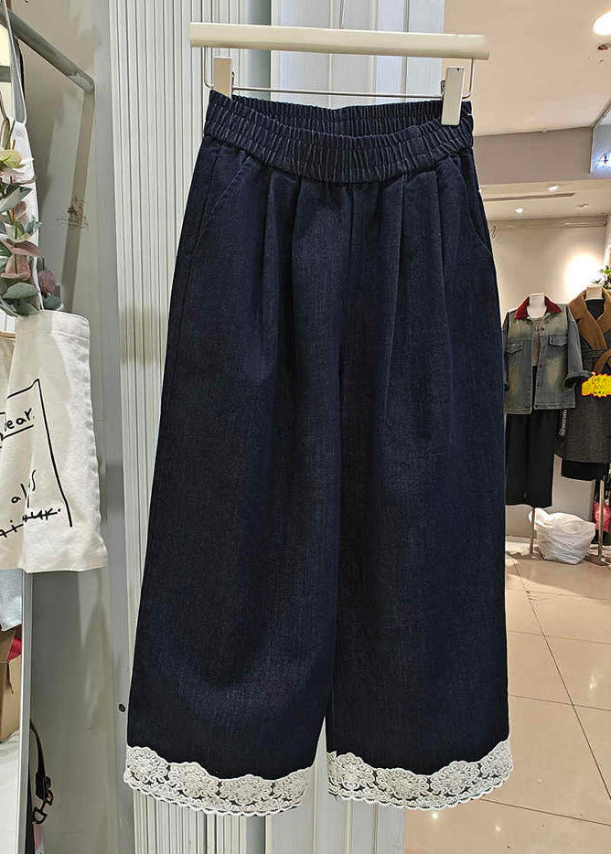 Loose Navy Pockets Lace Patchwork Denim Crop Pants Summer