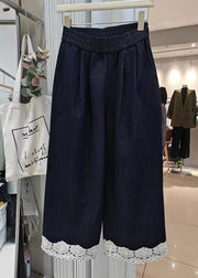 Loose Navy Pockets Lace Patchwork Denim Crop Pants Summer