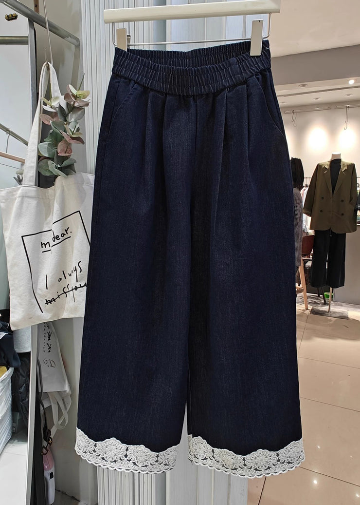 Loose Navy Pockets Lace Patchwork Denim Crop Pants Summer