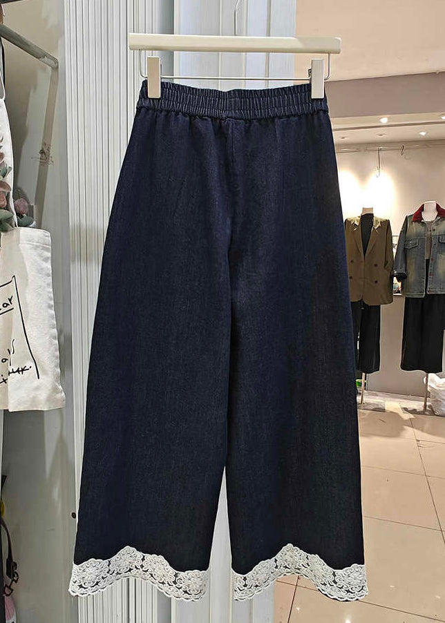 Loose Navy Pockets Lace Patchwork Denim Crop Pants Summer