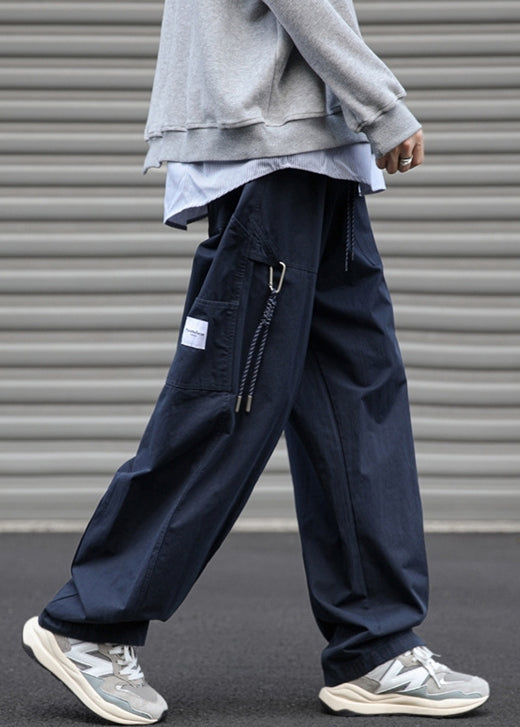 Loose Navy Pockets Solid Drawstring Cotton Mens Pants Spring