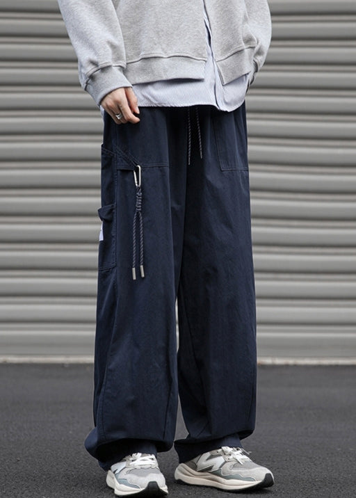 Loose Navy Pockets Solid Drawstring Cotton Mens Pants Spring