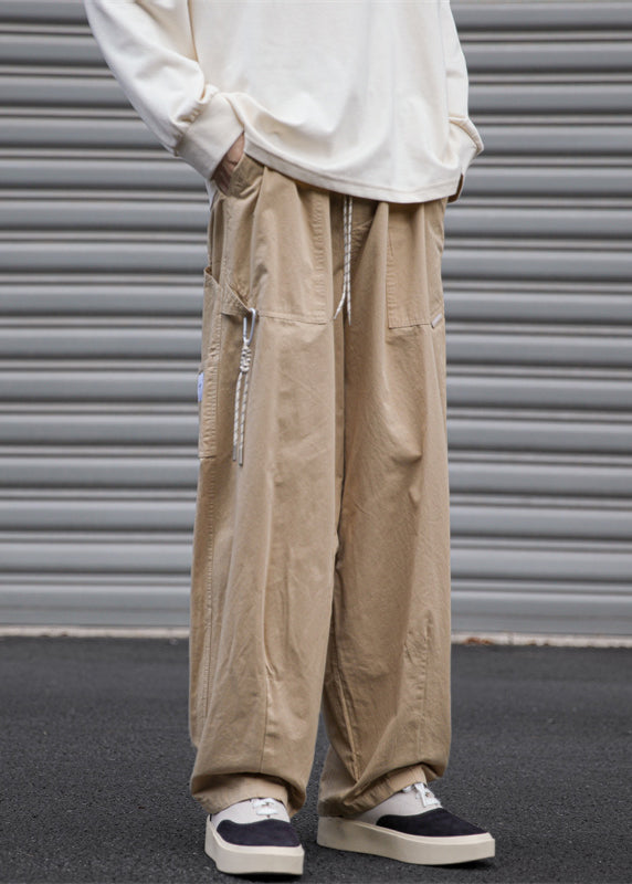 Loose Navy Pockets Solid Drawstring Cotton Mens Pants Spring