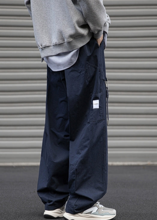 Loose Navy Pockets Solid Drawstring Cotton Mens Pants Spring