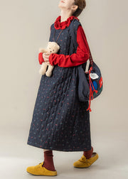 Loose Navy Print Dress And Red Ruffled T Shirt Cotton Filled Two Pieces Set Winter