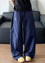 Loose Navy Solid Elastic Waist Cotton Men Pants Summer