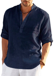 Loose Navy Stand Collar Button Solid Cotton Shirts Mens Fall