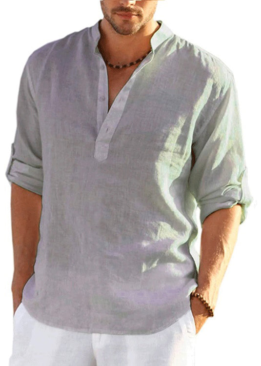 Loose Navy Stand Collar Button Solid Cotton Shirts Mens Fall