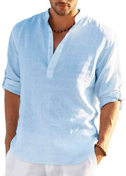 Loose Navy Stand Collar Button Solid Cotton Shirts Mens Fall