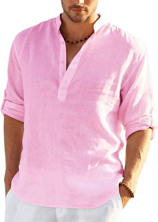 Loose Navy Stand Collar Button Solid Cotton Shirts Mens Fall