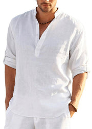 Loose Navy Stand Collar Button Solid Cotton Shirts Mens Fall