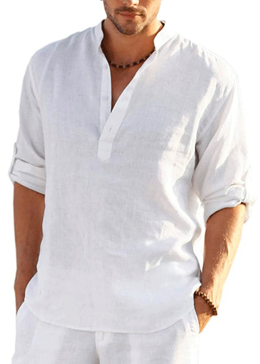 Loose Navy Stand Collar Button Solid Cotton Shirts Mens Fall