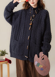 Loose Navy Stand Collar Pockets Cable Knit Coats Winter