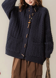 Loose Navy Stand Collar Pockets Cable Knit Coats Winter