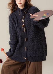Loose Navy Stand Collar Pockets Cable Knit Coats Winter