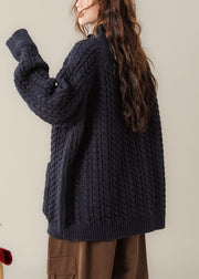 Loose Navy Stand Collar Pockets Cable Knit Coats Winter