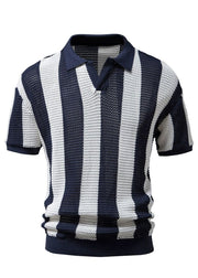 Loose Navy Striped Hollow Out Knit Men Shirt And Polo Shirt Summer