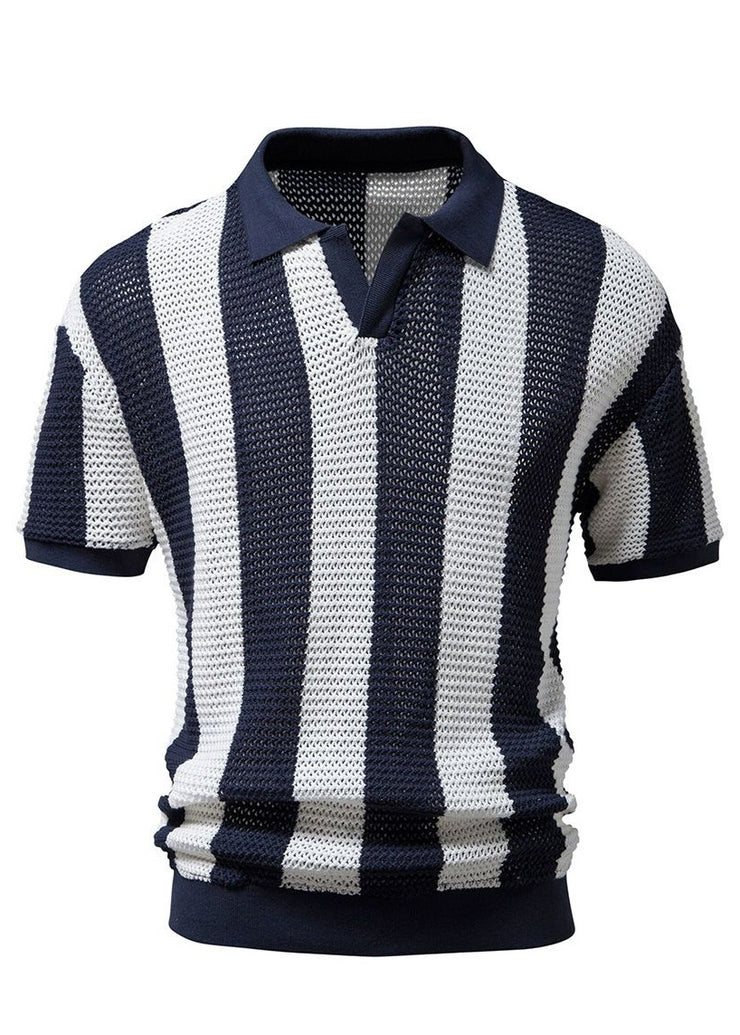 Loose Navy Striped Hollow Out Knit Men Shirt And Polo Shirt Summer
