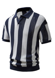 Loose Navy Striped Hollow Out Knit Men Shirt And Polo Shirt Summer