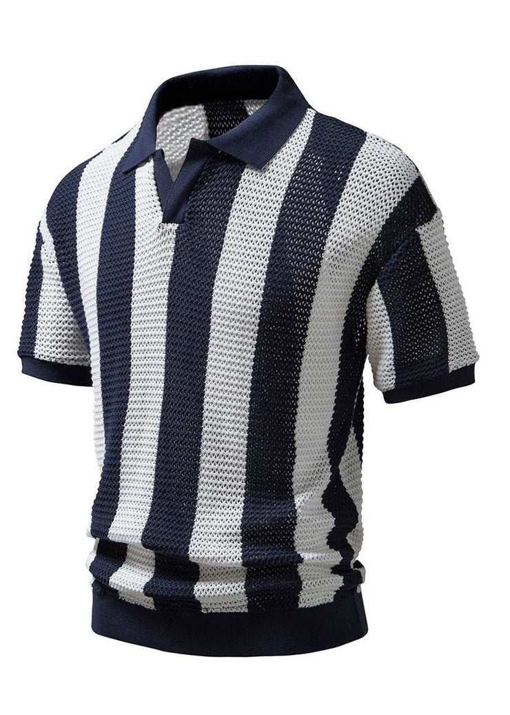 Loose Navy Striped Hollow Out Knit Men Shirt And Polo Shirt Summer