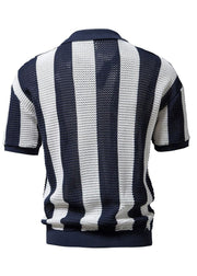 Loose Navy Striped Hollow Out Knit Men Shirt And Polo Shirt Summer
