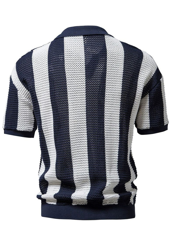 Loose Navy Striped Hollow Out Knit Men Shirt And Polo Shirt Summer