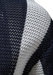Loose Navy Striped Hollow Out Knit Men Shirt And Polo Shirt Summer