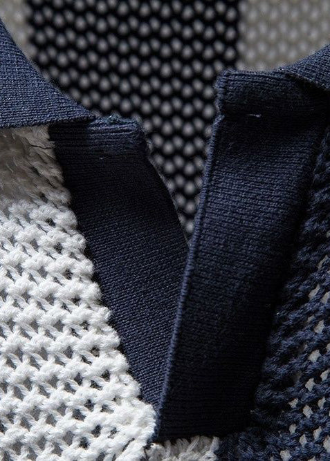 Loose Navy Striped Hollow Out Knit Men Shirt And Polo Shirt Summer