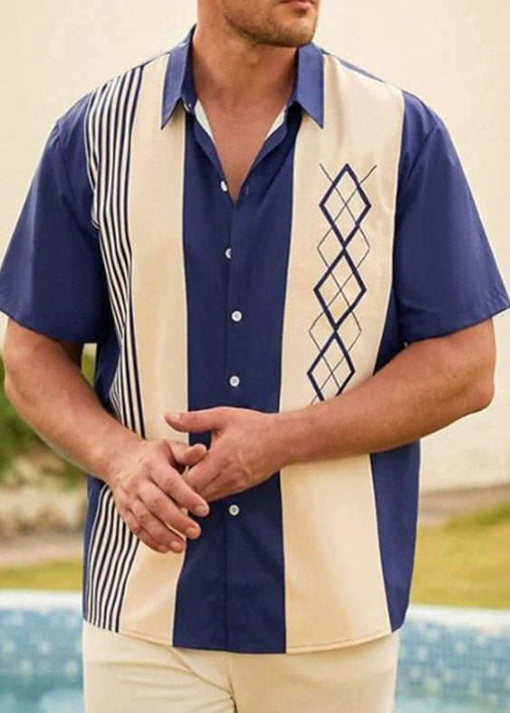 Loose Navy Striped Patchwork Cotton Men Shirts Summer