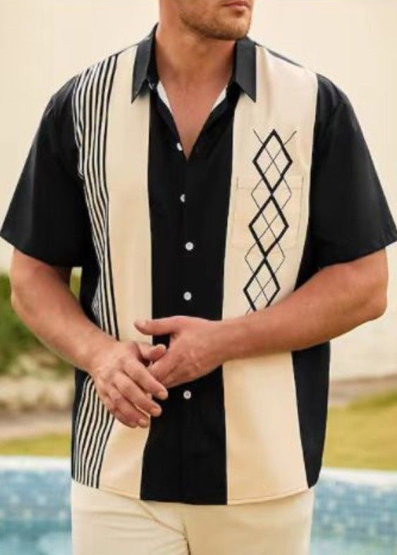 Loose Navy Striped Patchwork Cotton Men Shirts Summer