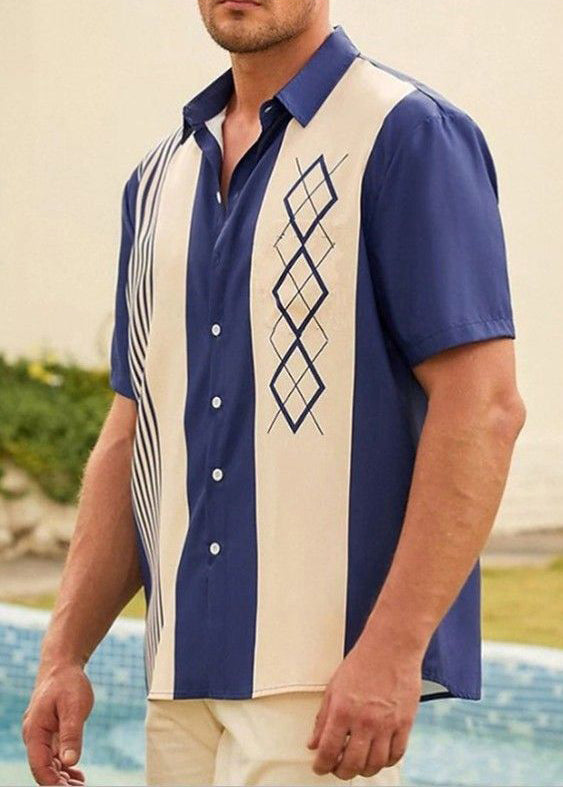Loose Navy Striped Patchwork Cotton Men Shirts Summer