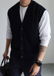 Loose Navy V Neck Button Knit Vest Men Sleeveless