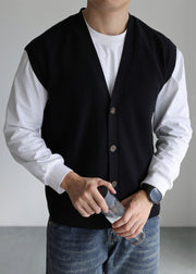 Loose Navy V Neck Button Knit Vest Men Sleeveless