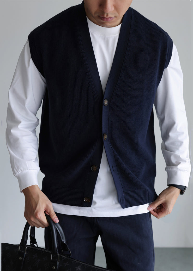 Loose Navy V Neck Button Knit Vest Men Sleeveless