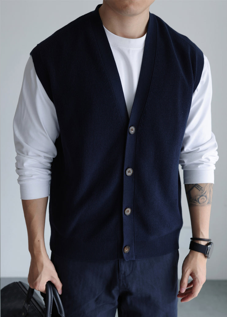 Loose Navy V Neck Button Knit Vest Men Sleeveless