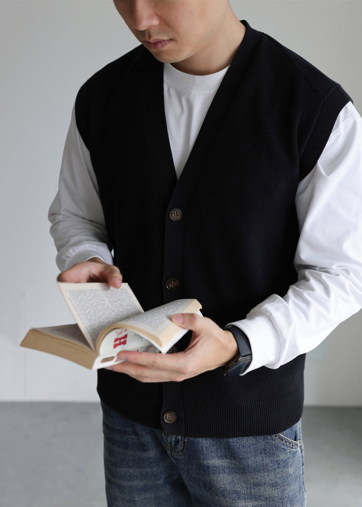 Loose Navy V Neck Button Knit Vest Men Sleeveless