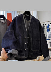 Loose Navy V Neck Button Pockets Denim Coats Batwing Sleeve