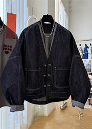 Loose Navy V Neck Button Pockets Denim Coats Batwing Sleeve