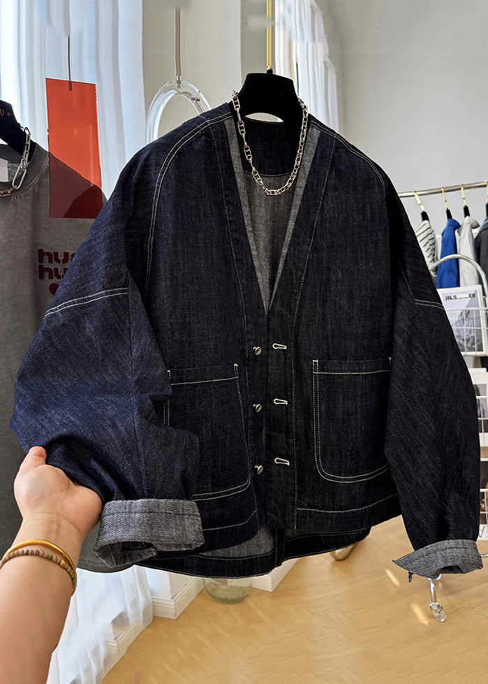 Loose Navy V Neck Button Pockets Denim Coats Batwing Sleeve