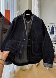 Loose Navy V Neck Button Pockets Denim Coats Batwing Sleeve