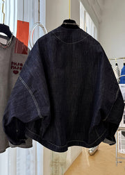 Loose Navy V Neck Button Pockets Denim Coats Batwing Sleeve