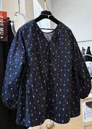 Loose Navy V Neck Print Cotton Shirts Fall