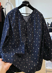 Loose Navy V Neck Print Cotton Shirts Fall