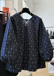 Loose Navy V Neck Print Cotton Shirts Fall