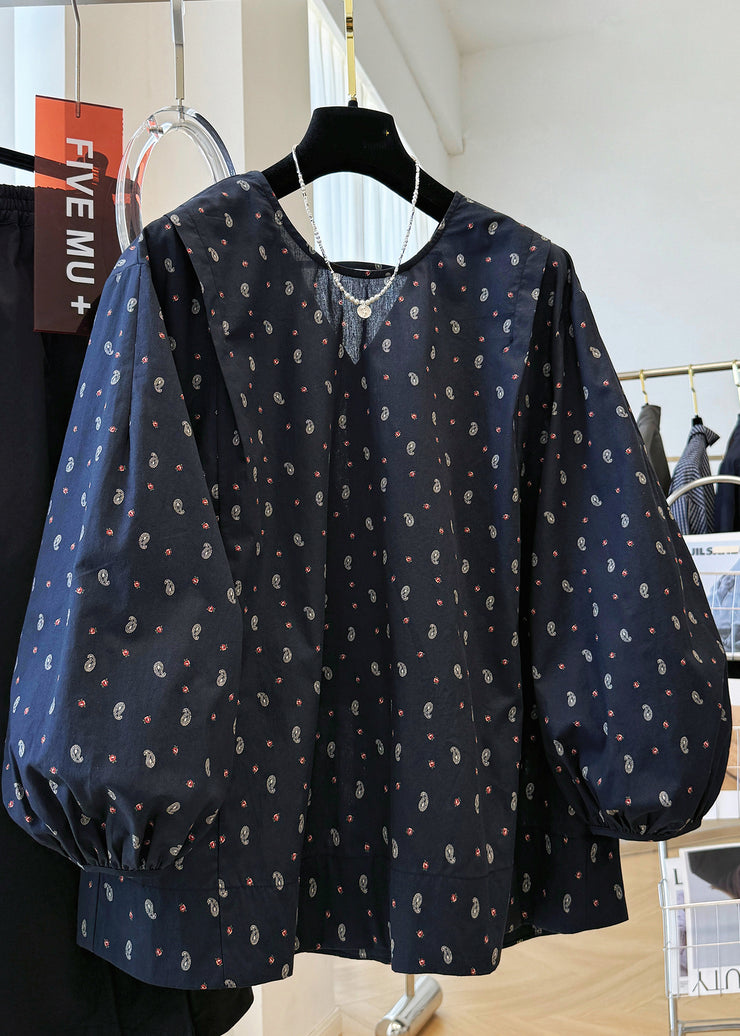 Loose Navy V Neck Print Cotton Shirts Fall